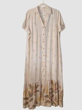 Marfinno Linen Blend Maxi Dress Palm Print Button Front Lined Neutral Coastal L